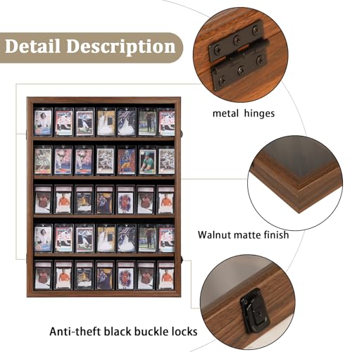 Image of KCRasan 35 Graded Sports Card Display Case - Baseball Card Display Case Lockable - Trading Card Collector Wall Display Holder for Basketball Football Cards, UV Protection Acrylic, Walnut