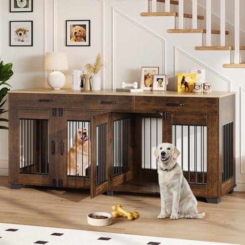 GarveeLife 71 Inch Dog Crate Furniture for 2 Rooms, Wooden Double Crate Large Breed with Door, Dog Kennel Indoor, TV Stand End Table with Divider for Large Medium Dogs,Brown