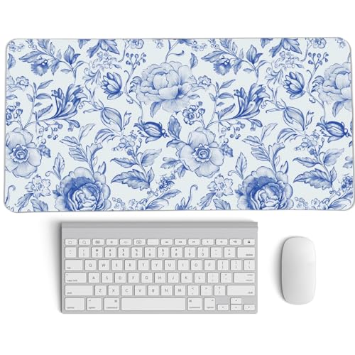 Image of Blue Chinoiserie Mouse Pad,Blue and White Floral Desk Mat, Large Floral Preppy Trendy Mouse Pad,Girly Gaming Mousepad,Girly Laptop Desk Mat for Dorm Home Office Decor,23.6x11.8 Inch