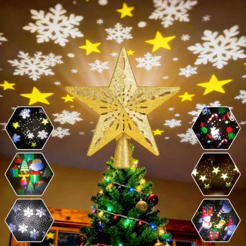 TOTSUN Christmas Tree Topper Projector Light Star Gold Christmas Star Projector with Rotating Snowflake LED Adjustable Light Xmas Tree Decoration Tree Topper Gift Bedroom Decor with 6 Motifs