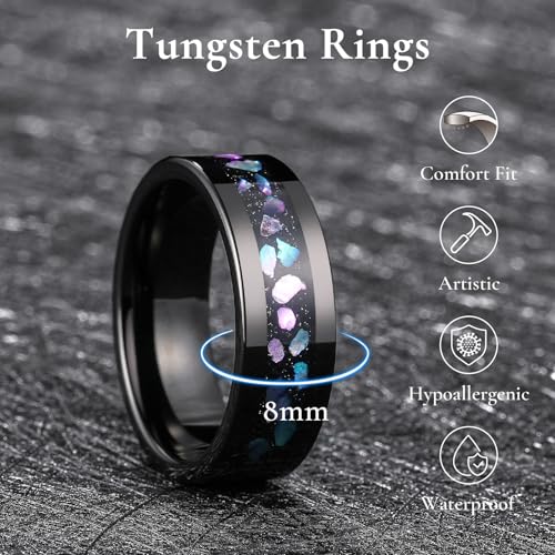 King Will Black Tungsten Wedding Band for Men Women -8mm Flat Polished Edge Ring with Large Blue, White & Abalone Shell Inlay, Men's Tungsten Carbide Wedding Ring Comfort Fit Size 7-142