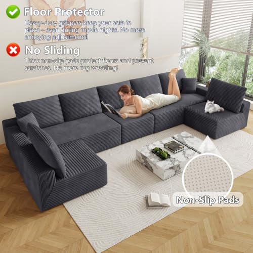Image of Oversized Modular Sectional Sofa Couch, Large 7 Seater Corner Sofa Modern U Shaped Sectional Couch Cloud Couches for Living Room, Office, Spacious Space, Corduroy, No Assembly Required, Dark Grey
