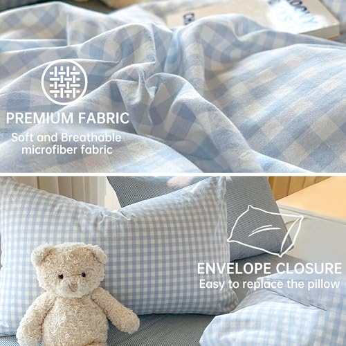 Image of BOLINLIVING Gingham Duvet Cover Full Size, 3PCS Light Blue White Checkered Plaid Duvet Cover Set, Microfiber Bedding Set for All Season with Zipper Closure and Corner Ties