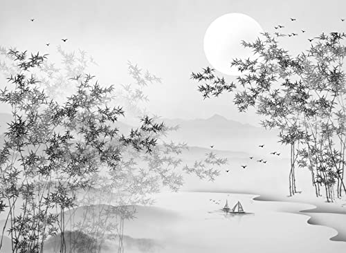 Wesmilewallpaper Papier Peint Panoramique Art Zen Noir Et Blanc Forêt Lac Eau Lune Nature Paysage 350x245cm 3D Intissé Soie Poster Geant Mural