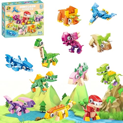 BRUKUSUR 12 Piezas Mini Bloques de Construcción de Dinosaurios, Juguete de Construcción 3 EN 1 para Niños, Regalo para Fiestas de Cumpleaños y Detalles para Invitados