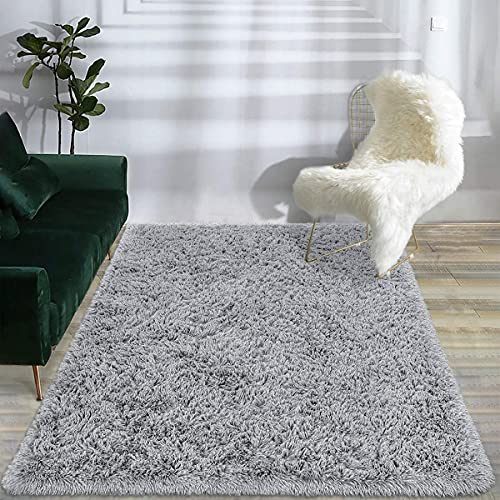 Image of Handmade 2 Inch Pile Height Super Soft Touch Export Quality Plain Shag Rectangular Carpets For Home Size 4 X 6 Feet Color Silver