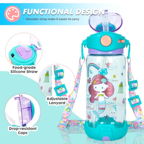 PinkSheep Kids Water Bottle with Straw/Lanyard 650ml BPA Free Child Drinking Water Bottle Leak-Proof Locking Flip Lid for Kids Girls Boys School Sport Travel (Mermaid A) - Image 2