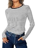 Trendy Queen Womens Long Sleeve Striped T-Shirts Crewneck Neck Tops Slim Fit Fall Fashion Outfits Clothes 2025 SEBlackWhite M