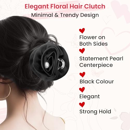 Image of TEMPERIA (1pc) Flower Hair Claw Clips for Women | Aesthetic & Stylish Clutchers Hair Accessories for Women for Party & Wedding | Big Flower, Strong Grip & Durable | Black
