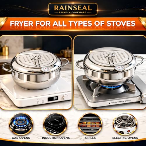 Image of Stainless Steel Deep Fryer Pot with Thermometer and Oil Drip Rack, Tempura Frying Pan with Lid for French Fries, Chicken, Fish and Snacks
