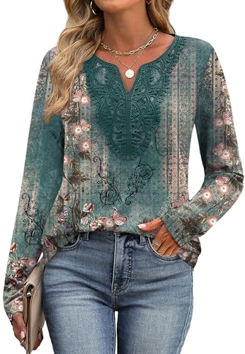 Image of XIEERDUO Boho Tops for Women Blouses Dressy Casual V Neck Long Sleeve Shirts Fall Outfits Trendy Vacation Clothes