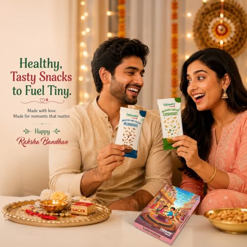 Image of Fabeato Raksha Bandhan Gift Box | Rakhi Hamper with Healthy Snacks |2 Rakhis| Roli Chawal |Goal Card | Activity Game