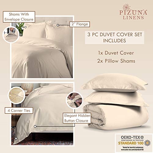 Pizuna 400 Thread Count Cotton Queen Duvet Cover Set, 100% Long Staple Cotton Beige Full Bed Set, Luxury Soft Sateen Quilt Cover with Button Closure (Beige Queen Bedding Sets) - Thumbnail 4