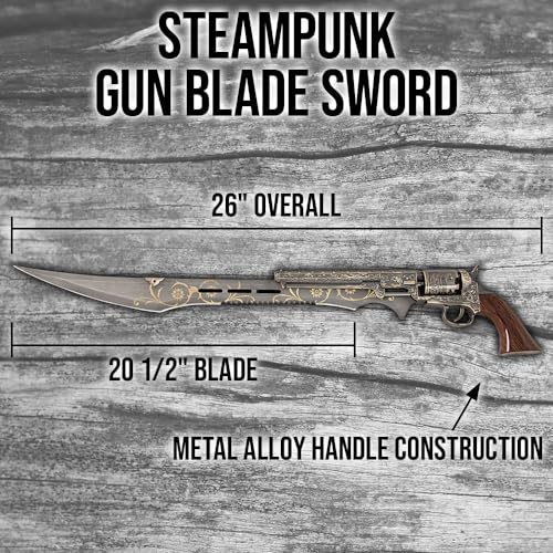 Steampunk Gun Blade Sword K Exclusive | 20 1/2" Rust Resistant Stainless-Steel Blade | Antique Finish | Laser-Etched and Engraved Accents | Spinning Barrel | Nylon Sheath Included | 26" Overall Length