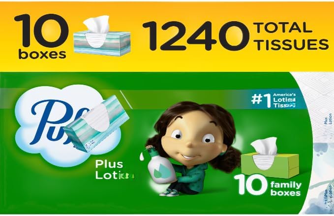 P-Facial Tissues, 124 Count, Family Box, 10 Pack (1 Pack)