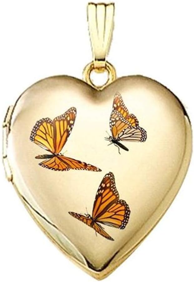 PicturesOnGold.com 14K Yellow Gold Monarch Butterfly Heart Locket 3/4 Inch X 3/4 Inch in Solid 14K Yellow Gold