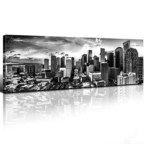 Houston Skyline Wall Art Black and White Texas Pictures Wall Decor for Bedroom Cityscape Panorama Night Scene Canvas Prints USA City Building Skyscraper Modern Artwork Office Home Decorations 14x48”