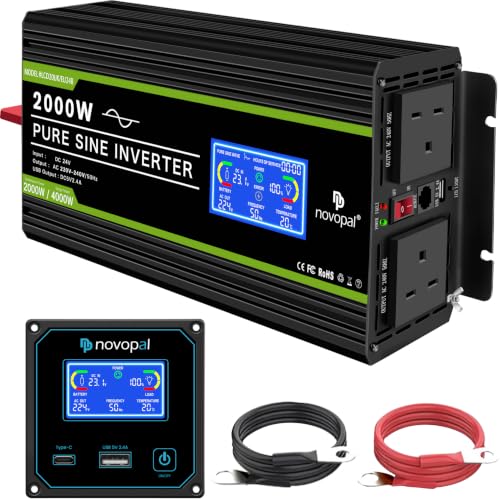 NOVOPAL 2000W Pure Sine Wave Inverter 24V to 230V 240V Car Power Converter with LCD Display 2 UK Outlets 1 USB Port Remote Control for Motorhomes Truck Boat Camping Household Van