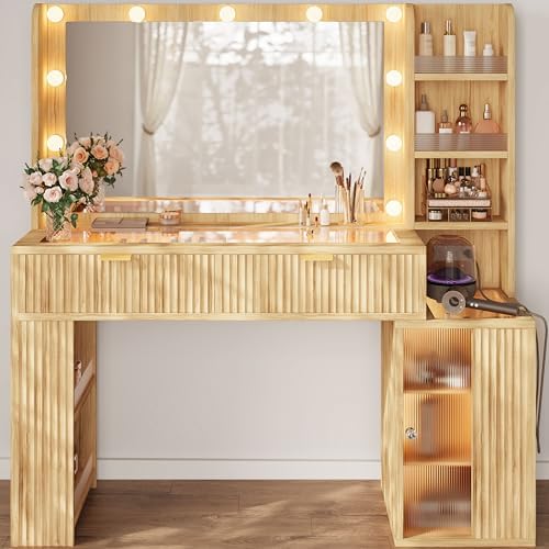 47'' Fluted Makeup Vanity Desk with Large 36" Mirror & Hollywood ...
