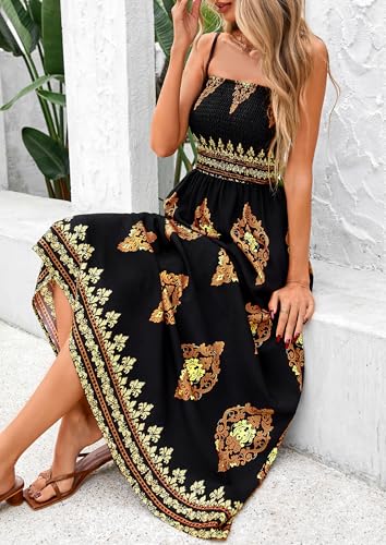 Image of PRETTYGARDEN Women's Summer Boho Maxi Dress Floral Sundresses | Spaghetti Strap, Sleeveless, Smocked Bodice, A-Line Long Flowy, Lightweight Soft, Wedding Guest Party, Beach Vacation Outfits