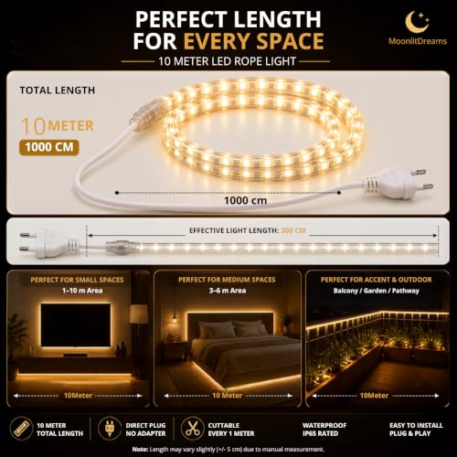 Image of MoonlitDreams 10M LED Rope Light | 120 LEDs /M Waterproof Strip Light | Warm White Flexible Cove Light for False Ceiling, Balcony, Bedroom, & Indoor Outdoor Decoration | Plug & Play Decorative Light