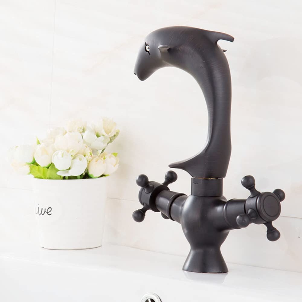 ALYHYB Grifo negro con diseño de delfín de un solo agujero para lavabo de baño caliente y frío retro negro cobre para el cuarto de baño del hotel, balcón, inodoro (tamaño pequeño: