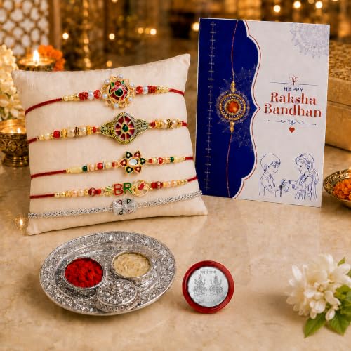 Image of Oblivion Multi Design Rakhi Set for Brother | Set of 5 Rakhi for Brother with Flower, Butterfly, BRO & Designer Rakhis, Silver Colour Pooja Thali, Pooja Coin, Kumkum Chawal & Greeting Card