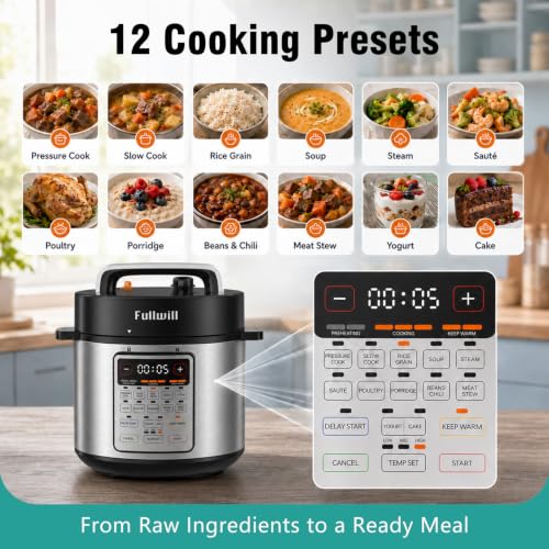 Image of Fullwill 6qt Electric Pressure Cooker, 9-in-1 Versatile Kitchen Appliance Slow Cooker, Rice Cooker, Cake Maker, Saute Pan, Steamer, Food Warmer and Soup Maker