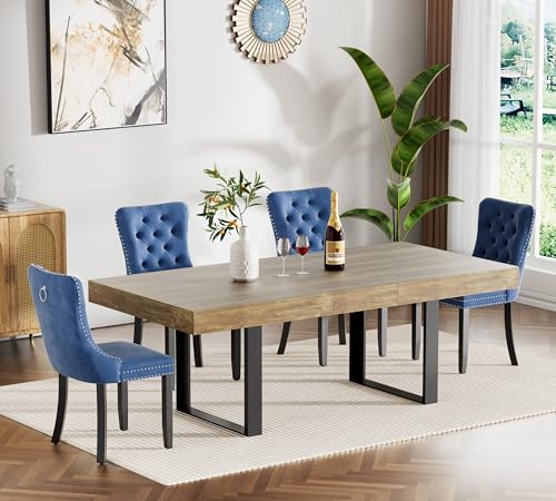 Image of Brown Dining Room Table Set for 4, 5-Piece 63 inch-78.74 inch Extendable Dining Table Set with 4 Upholstered Chairs, Rectangle Wooden Expanding Kitchen Table and Blue Chairs Set