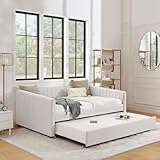 SLEERWAY Daybed with Trundle, Modern Linen Full Size Day Bed with Pull Out Trundle Bed, Upholstered Sofa Bed with Stripes, Furniture for Bedroom Living Room Guest Room, No Box Spring Needed, Beige