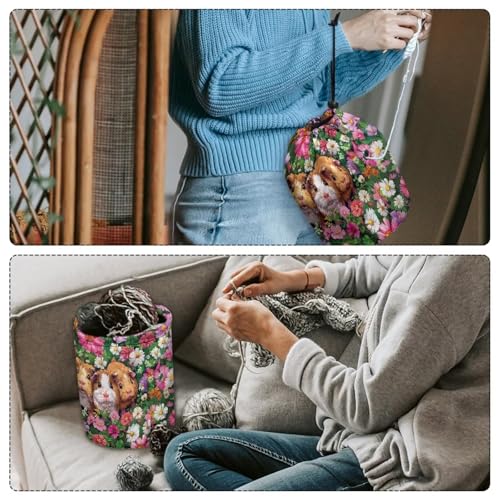 Image of Sellikakes Guinea Pig Flower Crochet Storage Bag Yarn Holder, Knitting Bags with Drawstring, Portable Mini Yarn Holder Store Crocheting Project Knitting Accessories