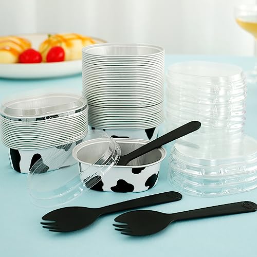 60 recipientes de aluminio para tartas, 68 ml, resistentes al calor, con tapas transparentes y cucharas, mini ovaladas, reutilizables, para postres de queso xia