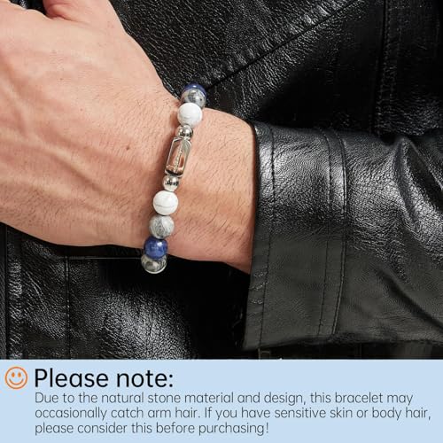 Howlite Natural Gemstone Bracelet for Men, Map Gemstone and Blue Vein Gemstone for Teens Gifts, 10MM Men's Elastic Adjustable Beaded Bracelets for Men, Handcrafted Gifts For Anniversary,Christmas.4