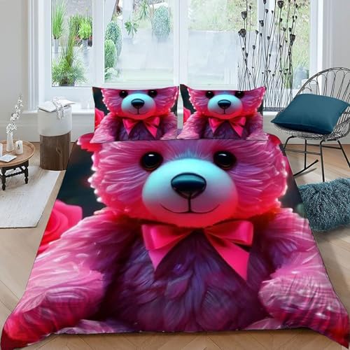Housse de couette ours rose lit double microfibre 3D anti-plis fermeture éclair - 3