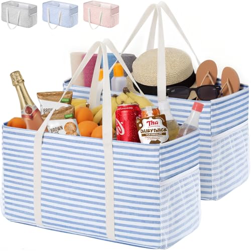 Lifewit Extra Large Tote Bag, Reusable Grocery Bags with Metal Wire Frame and Handles, Standing Utility Foldable Shopping Bags for Storage, Picnics, Beach, Pool, Laundry, Car, Camping, 2 Packs, Blue