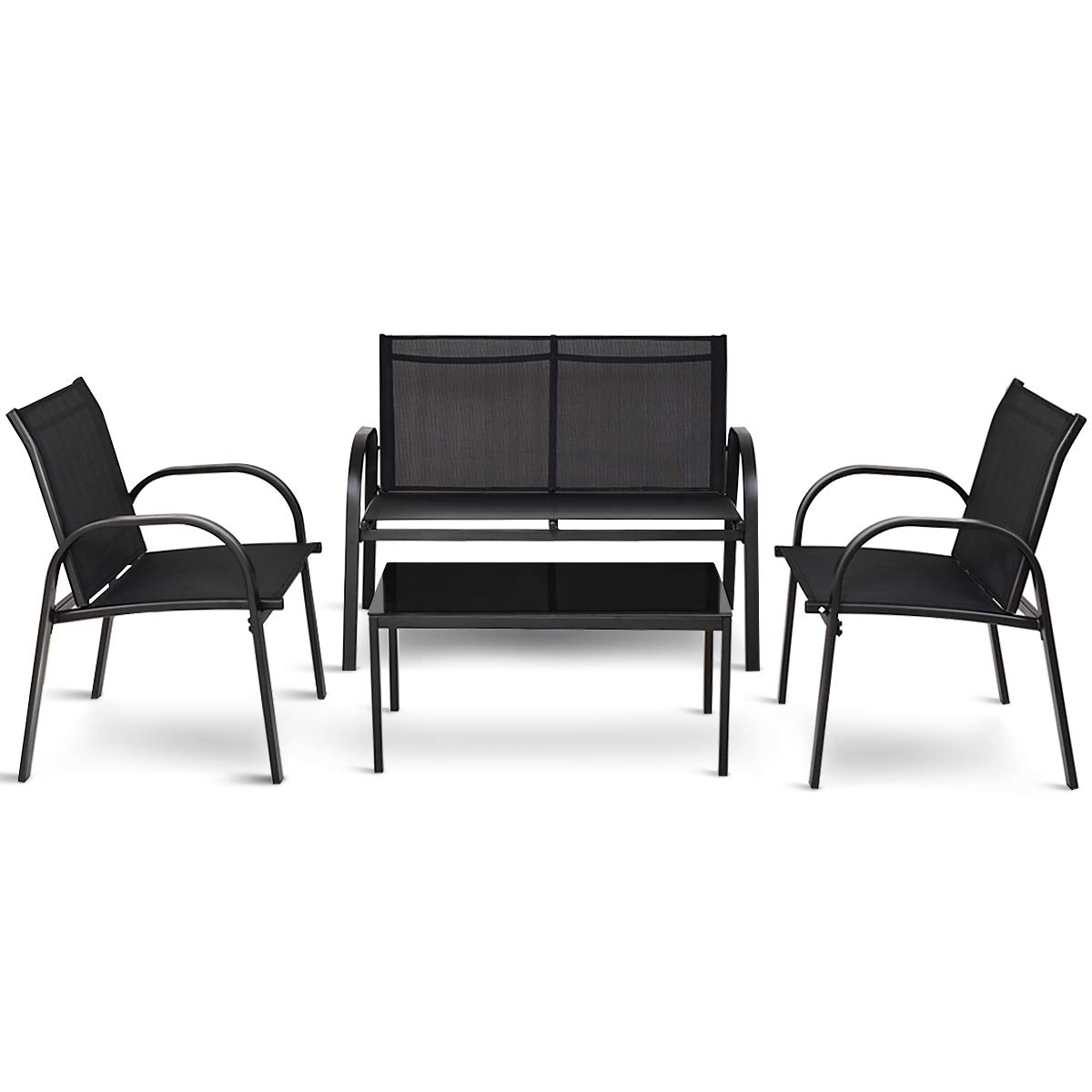 DREAMADE Set di Mobili in Textilene e Metallo Verniciato, Set di 4 Pezzi da Esterno Moderno ed Elegante, con Tavolino in Vetro, 2 Sedie e Panchina, Ideale per Giardino, Cortile e Terrazzo (nero)