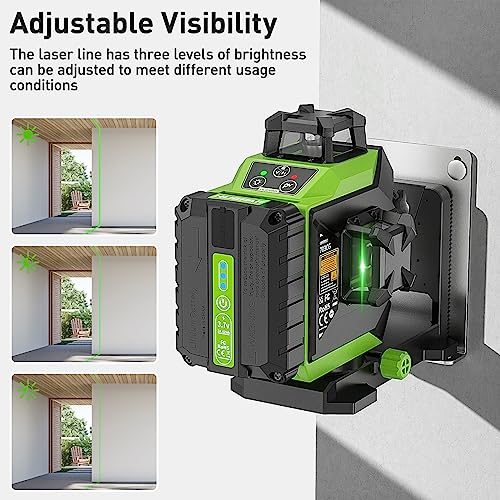 Huepar 3 x 360° Laser Level Green 3D Self-Leveling Cross 12 Lines Laser Level Three-Plane Leveling and Alignment Laser Tool, Rechargeable Li-ion Battery with Type-C Charging Port & Hard Carry Case