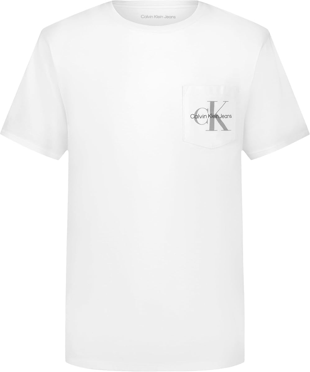 Camiseta de manga corta con cuello redondo y logotipo de bolsillo para niños, ajuste suave, cómodo y relajado