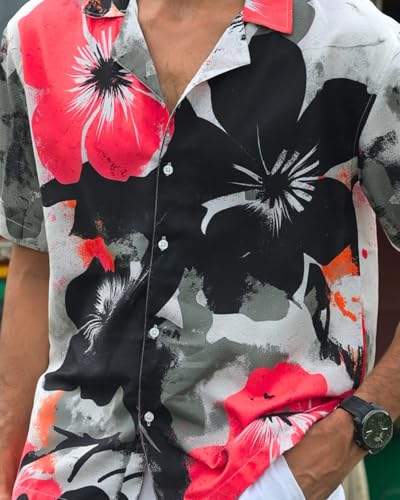 Image of Men's Floral Button-Down Shirt, Cotton Blend Stretchable, Casual Printed Striped Stylish Shirt