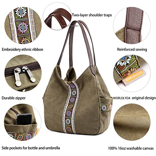 Image of Worldlyda Women Canvas Hobo Purse Multi Pocket Tote Shopper Shoulder Bag Casual Top Handle handbag with Embroidery Ethnic