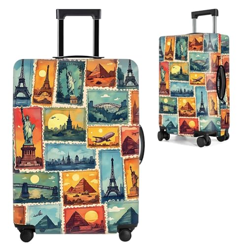 THISFIND World Landmarks Luggage Cover – Travel Stamp Style Suitcase Protector Featuring Eiffel Tower, Statue of Liberty, and Pyramids, Elastic Washable Travel Cover,Fits 18"-22" Suitcase,S