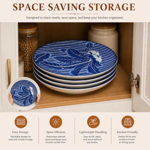 Image of Ceramic Dinner Plates, Round Serving Plates, Floral Leaf Design, Food Grade Ceramic, Microwave & Dishwasher Safe, Deep Coupe Plates for Dining, Snacks & Desserts(Botanical Leaf Pattern, PACK OF 4)