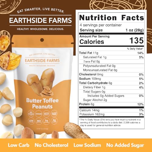 Image of Earthside Farms Butter Toffee Peanuts, 3 Count 4oz Resealable Snack Bags, No Sugar Added, Keto Friendly, Vegan, Gluten Free, Non GMO, Low Carb, High Protein, Candied Peanuts Snack