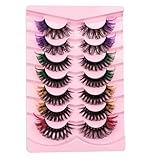 SECCURVE Colored Lashes Russian Strip Mink Eyelash with Color on End, 7 Pairs 3D Curl 4 Colors Wispy Fake Lashes With Color 15mm Light Volume，Salon Cosplay Festival Party Eyelashes Reusable