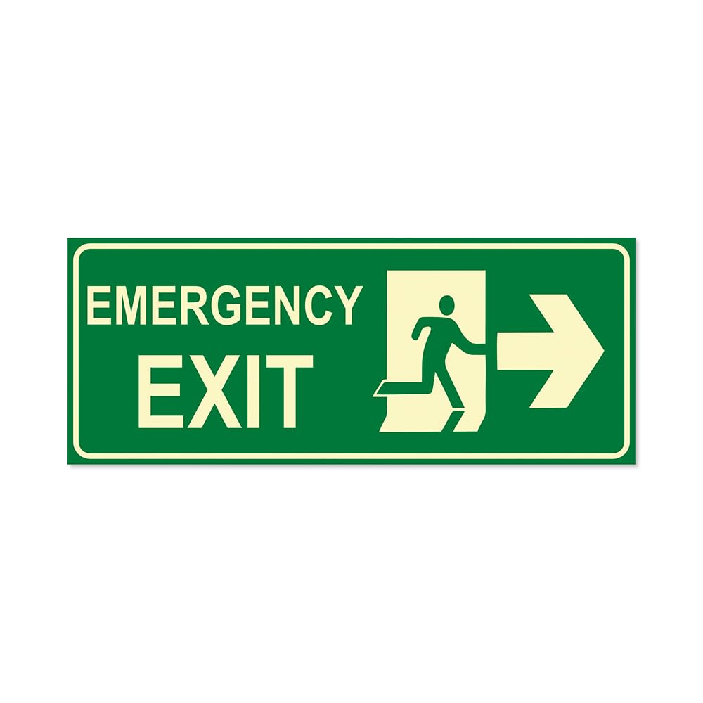 Emergency Exit Night Glow Sign Board | Right Arrow- 10x4 Inch | Unbreakable Aluminium Composite Panel (ACP) Sheet for Indoor & Outdoor Safety, Fire Escape Routes, Emergency Evacuation |Glow in the Dark