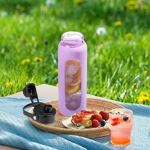 Image of 24oz Glass Water Bottle with Straw and 2 Lids, Purple