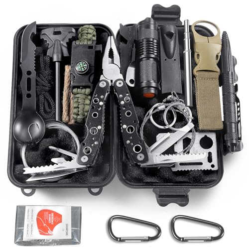 Graxury 14-in-1 Multi-Purpose Emergency Survival Kit & Camping Accessories, Flint, Multi-Purpose Card, Emergency Blanket, Flashlight and More for Camping, Fishing, Hunting