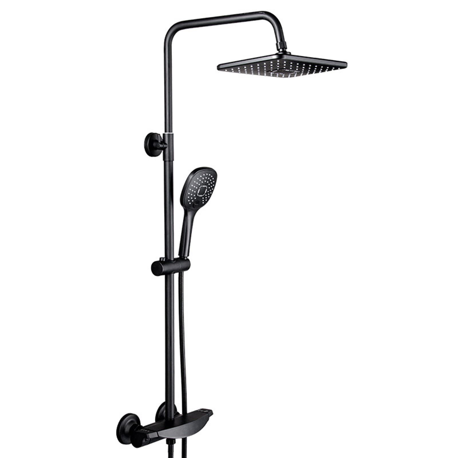 WOTZOV Shower Set Thermostatic, Adjustable Anti Scald Rainfall System With Overhead Rain And Handheld, Waterfall Bath Filler,Black，Nero