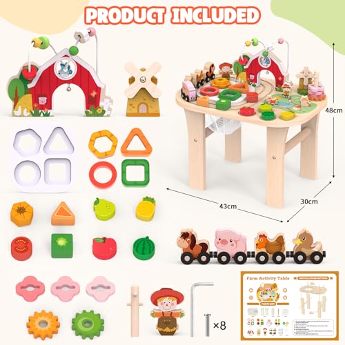 Weilim Activity Table for 1 Year Old, Baby Wooden Sensory Table with Bead Maze Shape Sorter Train Track for Toddler, Farm Montessori Toy Activity Center Educational Learning Toys for Kids 12+ Months - Thumbnail 3