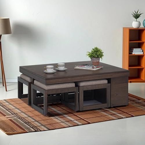 Image of Royaloak Boston American Wooden Coffee Table with 4 Stool | Solid Wood with Veneer Top | Upholstered & Cushioned Stools | Side Storage for Utility | Durable & Long Lasting | Space Saver Design
